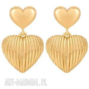 złote kolczyki podwójne serca, sercami, serduszkami, ozdobne