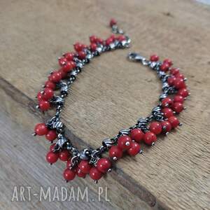 Bransoletka z korala czerwonego, srebro oksydowane, koral