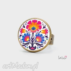 pierścionek folklor, ludowy kolorowy kwiaty, łowickie, prezent