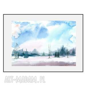 akwarela zima malowana ręcznie, format A4, pejzaż
