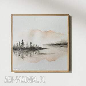 Pejzaż akwarela 20x20 cm - ręcznie malowana, sygnowana praca w szarościach i pomarańczu