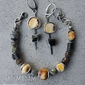 bransoletka srebrna, surowy bursztyn, kolczyki biżuteria