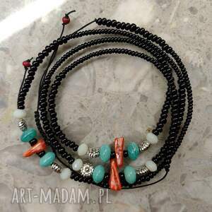naszyjnik czarny sznurek z turkusowymi koralikami masa perło 24 132, korale