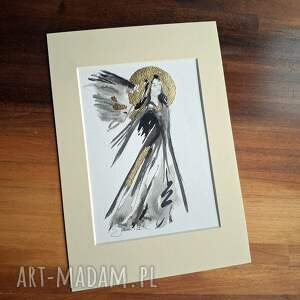 „Anioł” ręcznie malowana i złocona grafika w kremowym passe-partout 21x30 cm