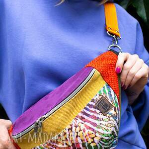 kolorowa nerka damska z pomarańczowym paskiem duża saszetka handmade zebra vibe
