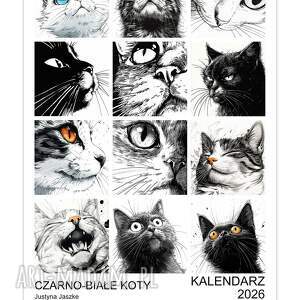 kalendarz 2026 czarno-białe koty 15x21 cm z kotami, prezent, prezent