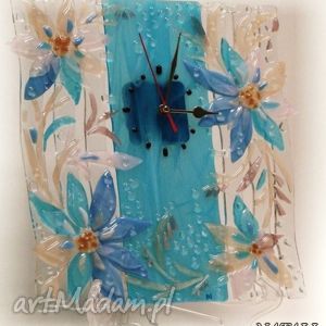 artystyczna kompozycja ze szkła - zegar niebieskie kwiaty dom, fusing
