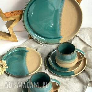 zestaw - taca 2 talerze kubki ze spodkami rajska plaża, ceramika, filiżanki