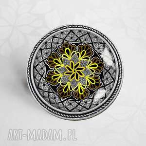black mandala unikatowa artystyczna broszka, modna prezent, czarna, srebrna