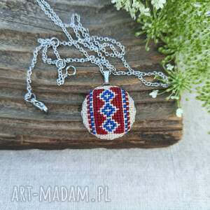 wisiorek z haftem łemkowskim, haftowana biżuteria etno kolczyki