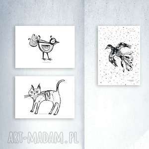 3 plakaty zestaw, biało-czarne obrazki, ladne grafiki ze zwierzętami, zwierzęta plakaty
