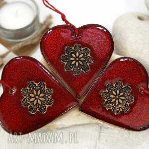 3 ceramiczne ozdoby serca - lawa dekoracje choinkowe