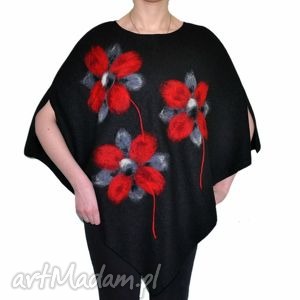 handmade poncho ponczo czerwone kwiaty II
