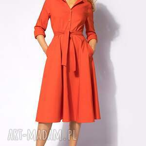 pomarańczowa szmizjerka midi, sukienka, bawełna, elegancka kieszenie, kobieta