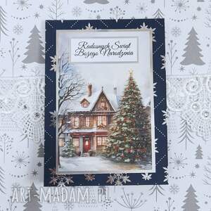 kartka świąteczna z kieszonką, granatowo - srebrna w śnieżynki prezent pod