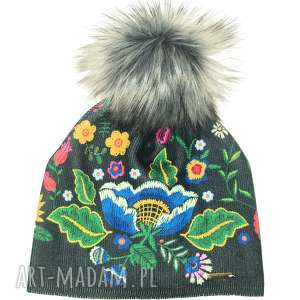 czapka beanie pompon z futra, nadruk, prezent, kwiaty