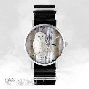 ręcznie robione zegarki zegarek - biała sowa czarny, nato