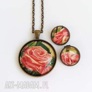 naszyjnik i klipsy - komplet róża retro, medalion, prezent