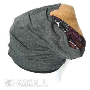 damska czapka grafit turban kolorowa etno boho, zima, ciepła kaptur