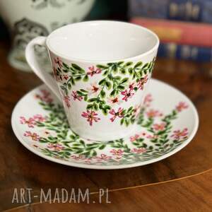kubki filiżanka porcelanowa ręcznie malowana różowy bukiet, niepowtarzalna