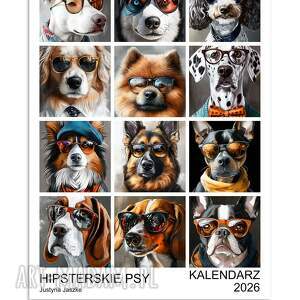 kalendarz 2026 hipsterskie psy 15x21 cm, prezent dla psiarzy psami