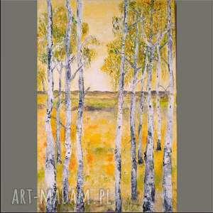obraz olejny ręcznie malowany szpachlą, strukturalny brzozowy zagajnik 60x40 cm