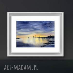 zachód słońca nad portem, akwarela morze pejzaż nocne