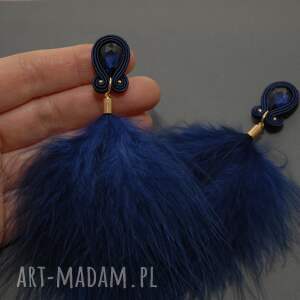 granatowe kolczyki sutasz z piórami, sznurek, eleganckie, wieczorowe