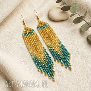 unikatart długie kolczyki boho z koralików - złoty blask i morski turkus