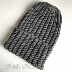 hand-made czapki czapka wywijana robiona na drutach ściągacz 100% baby merino 20 ciemny