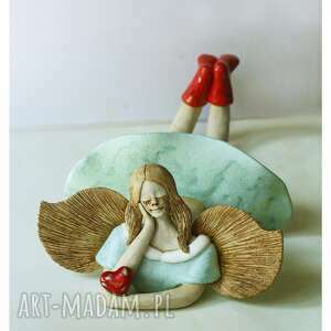 handmade ceramika anioł w miętowej sukience z serduszkiem