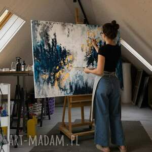 OTCHŁAŃ - ręcznie malowany obraz abstrakcyjny na płótnie 80x120 cm ze złotymi akcentami