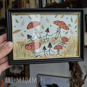 Taniec Grzybów - ręcznie malowany obraz w ramie vintage