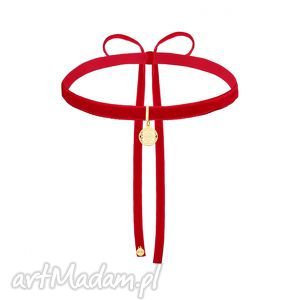handmade naszyjniki czerwony aksamitny choker ze złotą rozetką