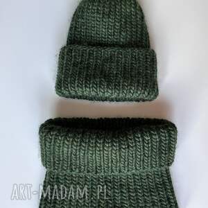 Wełniany komplet, kolor zielony - czapka i komin - na zamówienie - zimowa, ręcznie robiony