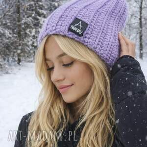 Ciepła czapka robiona na szydełku lawenda, jesienna, smerfetka