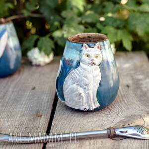 handmade ceramika ceramiczna czarka do yerba mate z kotem/ matero ceramiczne handmade /