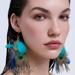 kolczyki długie pióra w kolorze niebiesko - zielonym leciutkie bujne zwracające