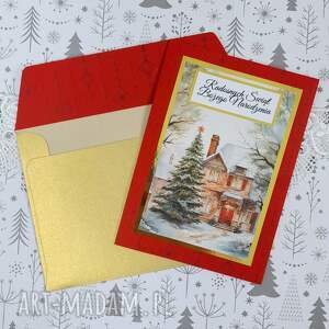 NawiasOtwartyOdSerca: kartka świąteczna czerwono - złota z kieszonką i grafiką z zimowym