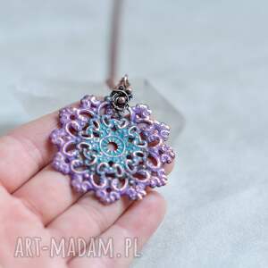 mandala fiolet/turkus - naszyjnik z dużym kolorowym wisiorem biżuteria miedzi