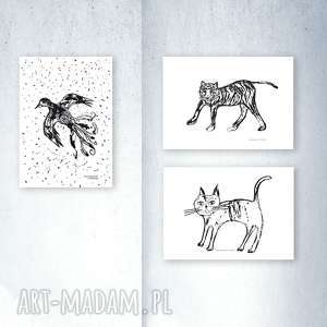 3 plakaty skandynawskie, zestaw 3 grafik ze zwierzętami, ładne obrazki biało-czarne a4