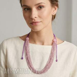 naszyjnik elegancki, wielowarstwowy z różowych nude koralików, drobne koraliki