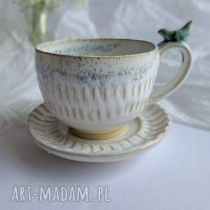 ceramika filiżanka z zielonym ptakiem herbaty, prezent