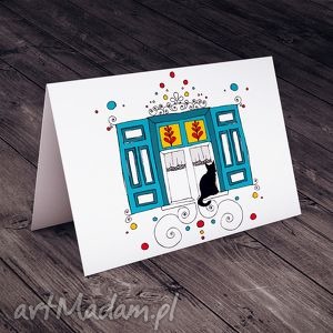 karteczka z okiennicami kot, kartki życzenia, folklor, ornament