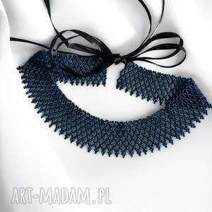 kolia koralikowa granatowa z srebrnym połyskiem / - Naszyjniki