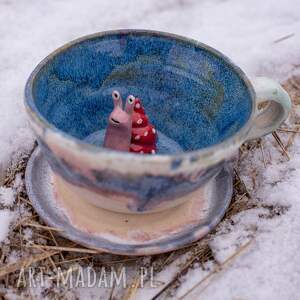 filiżanka do herbaty z figurką ślimaka kawy beżowo niebieski ok 300 ml