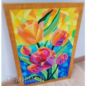 tulipany kolorowe obrazy, malarstwo haft, płótno akryl, obraz 3d unikatowy