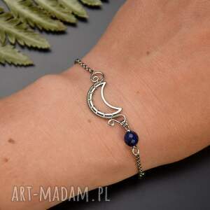 bransoletka księżyc, lapis lazuli, stal chirurgiczna półksiężyc, wire wrapping