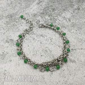 bransoleta chainmaille - jadeit zielony i stal, łańcuszek, splot