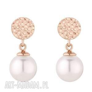 kolczyki z różowego złota białą perłą swarovski crystal białymi, perłami